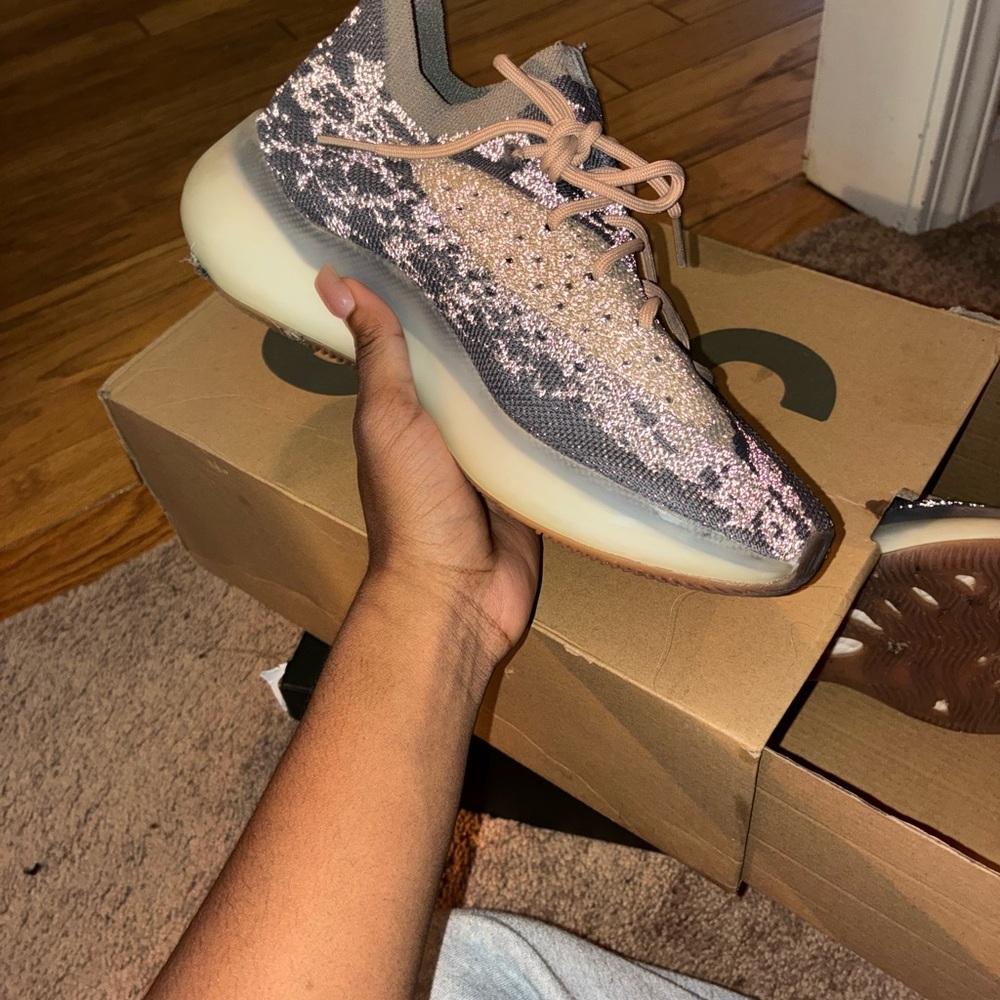 Yeezy Gray and Tan Sneakers with Knit Pattern